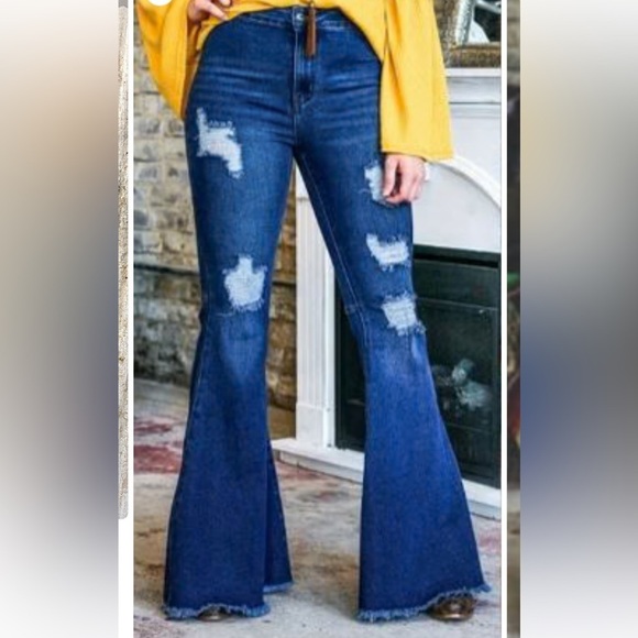 Home Folk Dallas Distressed Women’s Dark Wash Blues Flare Jeans - Picture 1 of 12